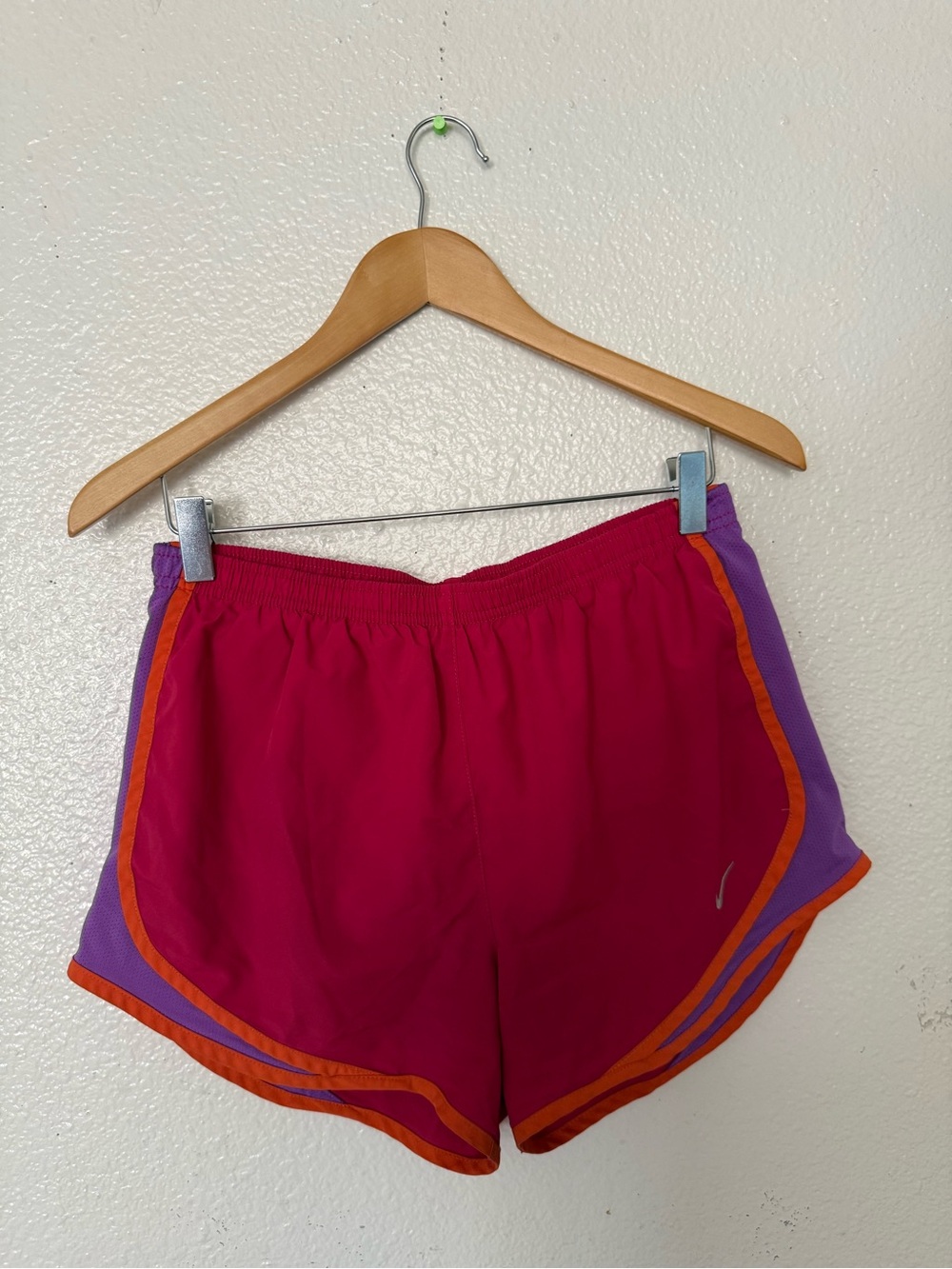 Nike Women's Hot Pink Athletic Shorts with Purple Panels & Orange Trim size S